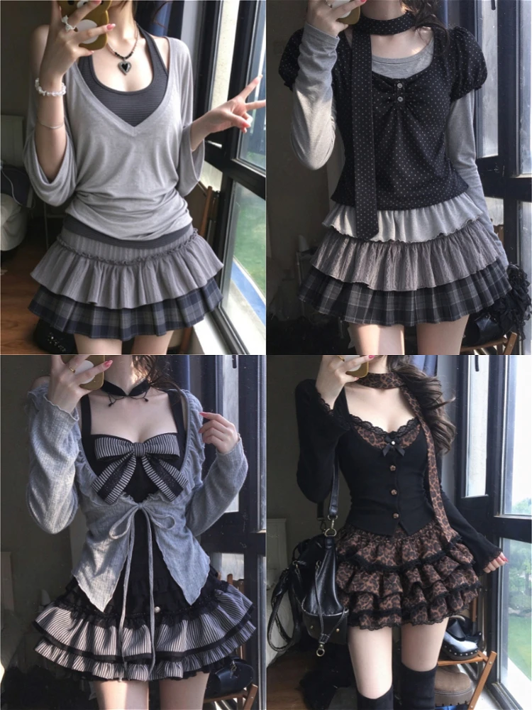 Korean Fashion Retro Y2K American Vintage 2 Piece Suits Women Kawaii Subculture Shirts And Skirt Harajuku Daily Matching Outfits