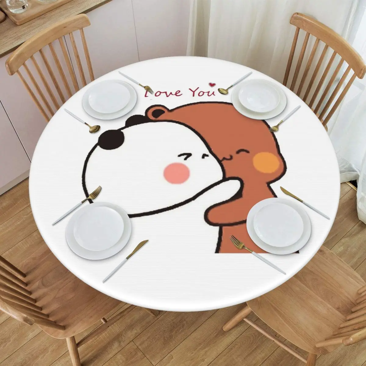 Bubu Dudu Panda And Brownie Bear Couple Waterproof Round Tablecloth Oilproof Table Cloth for Kitchen Events Dining Table Cover