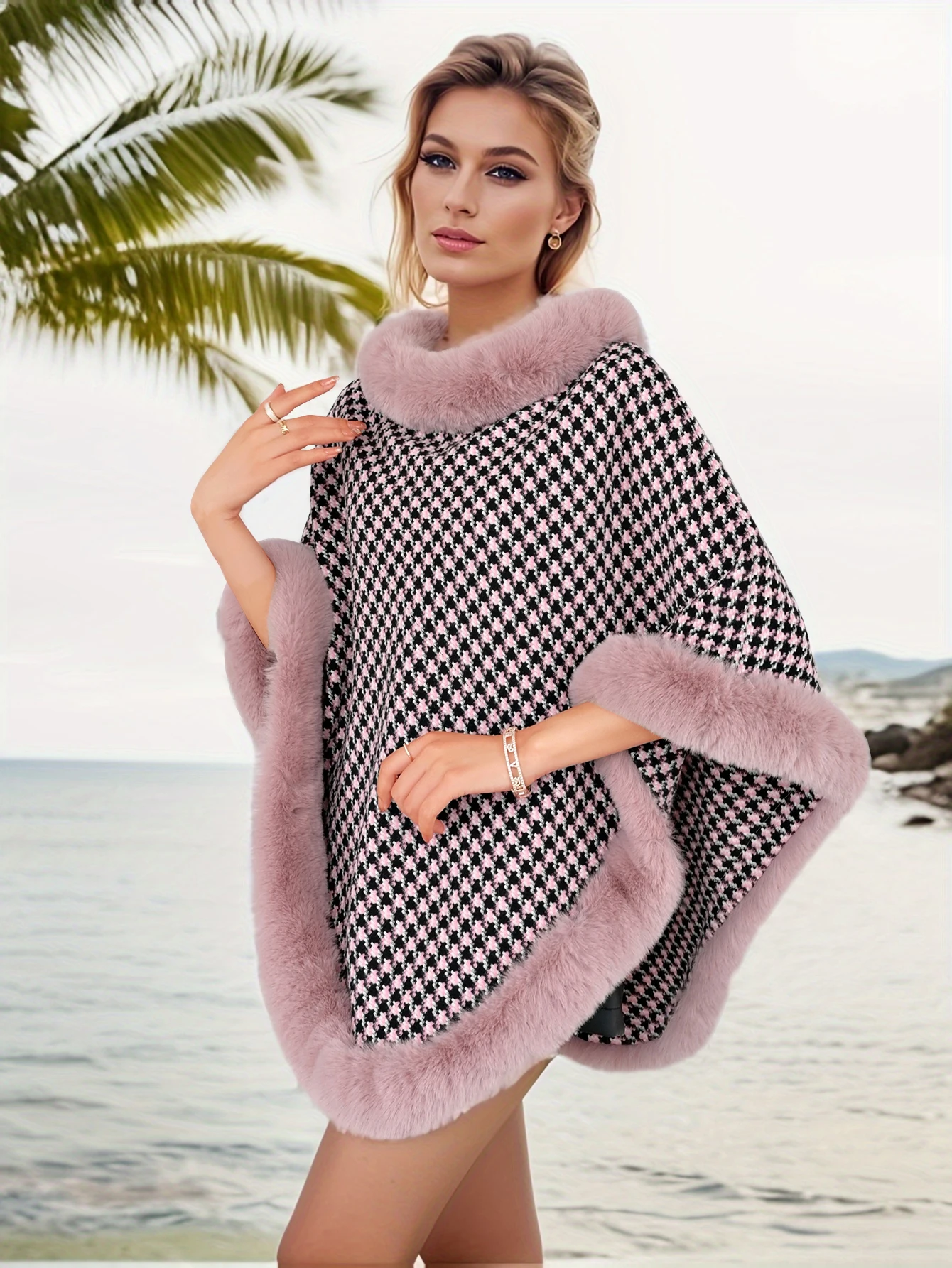 المرأة تقليد الفراء جولة الرقبة سميكة منقوشة المشارب عارضة نمط الخريف والشتاء المرأة السترة الرأس