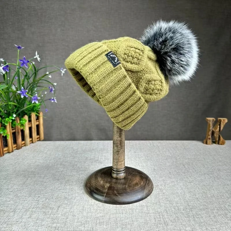 2024 cashmere Fried Dough Twists coarse wool hat autumn and winter fox wool ball thickened warm ear protection knitted hat