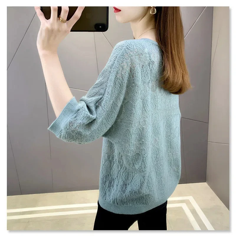 Sweet Fashion Spring/Summer Pullovers Women\'s O-Neck Solid Hollow Out Lace Batwing Sleeve Temperament Casual Loose Knitting Tops