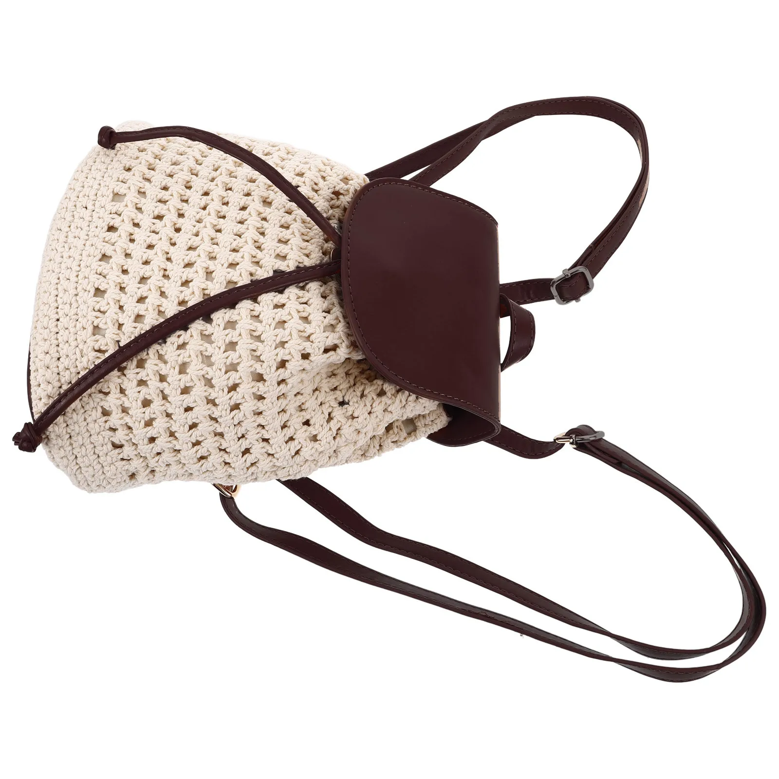 Zaino in tessuto all'uncinetto fatto a mano con patta con coulisse Boho Borsa piccola lavorata a maglia Borsa da spiaggia estiva per donna Zaino da viaggio all'uncinetto