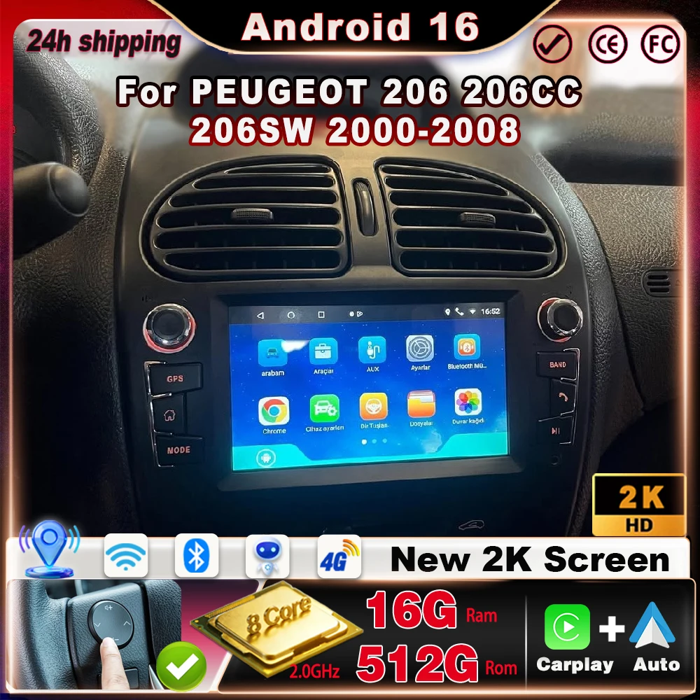 Radio para Auto PEUGEOT 206 206CC 206SW 2000-2008, Android Auto, Carplay, Unidad Principal Multimedia, Estéreo, Navegación, Pantalla Táctil, WiFi+4G