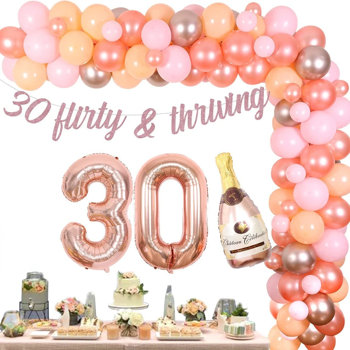 

Funmemoir Rose Gold 30th Birthday Party Decorations for Women 30 Flirty & Thriving Banner Balloon Kit 30th Birthday Supplies