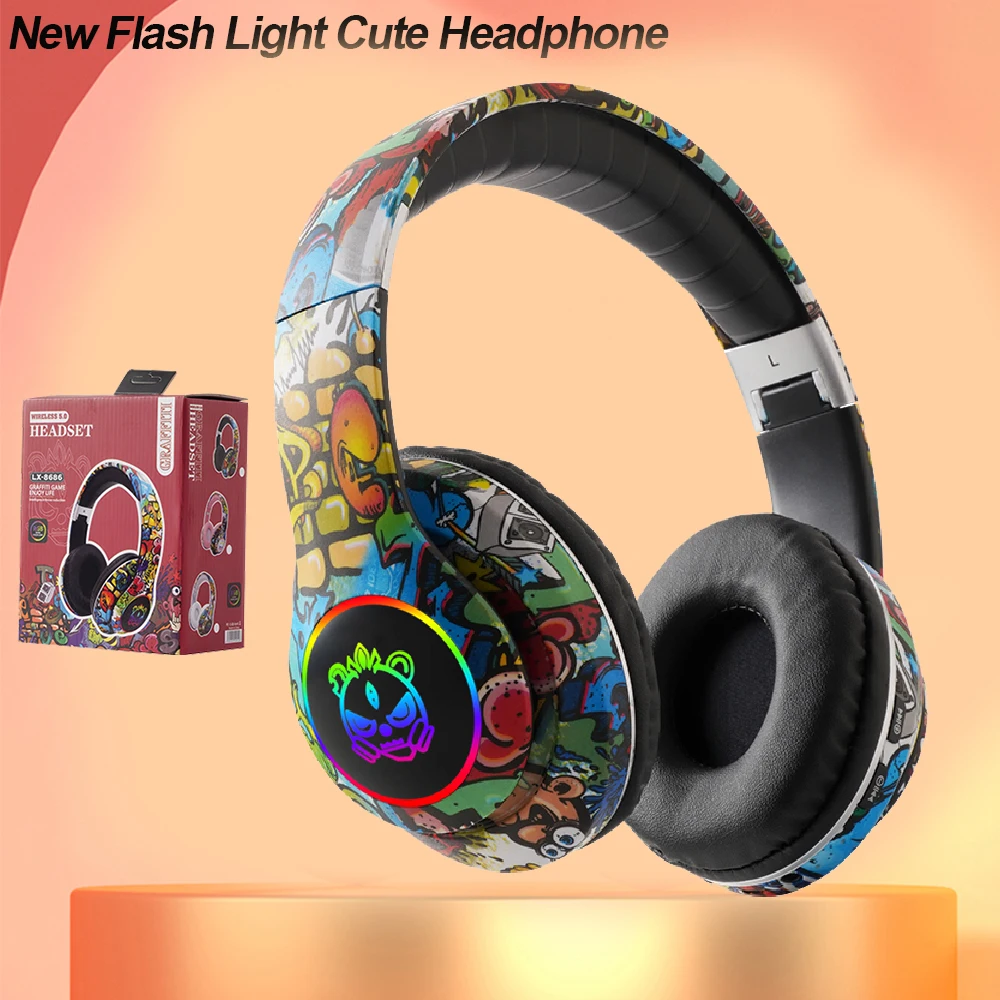 Wireless Headset Flash Light Kids Ear Headphones with Mic Bluetooth Headsets Stereo Music Game Headphone Girls Boys Gift