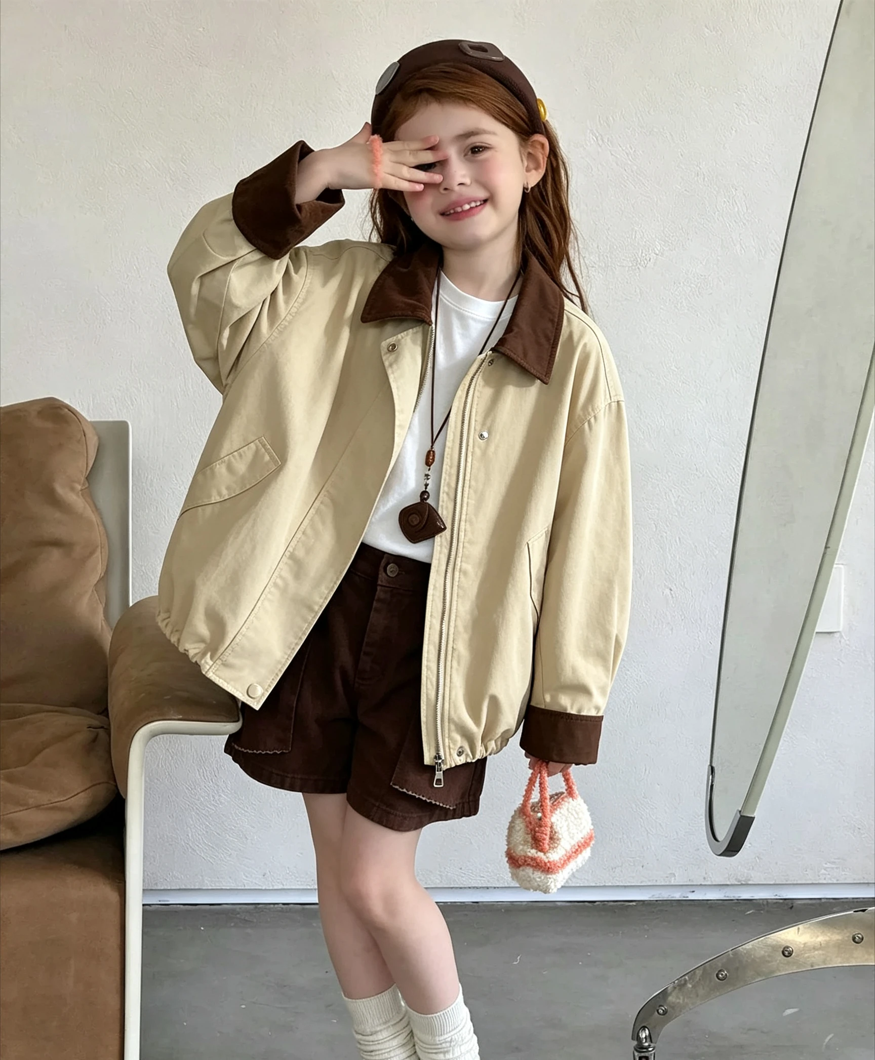 2026 Spring New Korean Children Clothing Girls Jacket Contrasting Bright Colors Casual Turn-down Collar Jacket