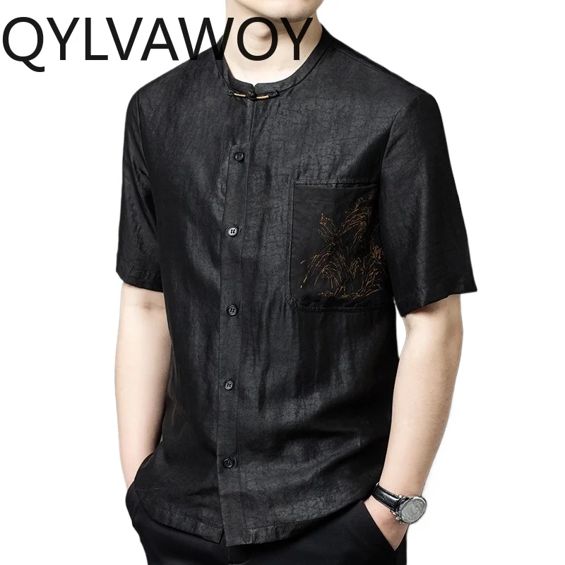QYLVAWOY Summer Tops New Men's Shirts 100% Mulberry Silk Shirt Short Sleeve Shirts for Man Chinese Luxury Man Clothing Camisa