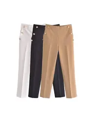 Women Fashion With Metallic Button Straight Pants Vintage High Waist Back Elastic Waistband Female Ankle Trousers Mujer
