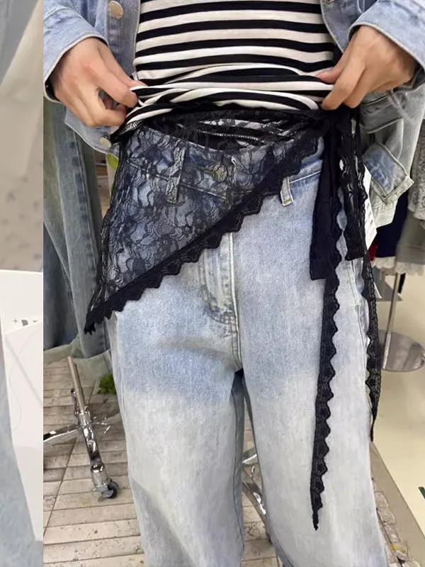 

Women's Lace Belted Skirt with Silk Scarf And Shark Pants Spring Inner Wear Overlap Half-length Skirt