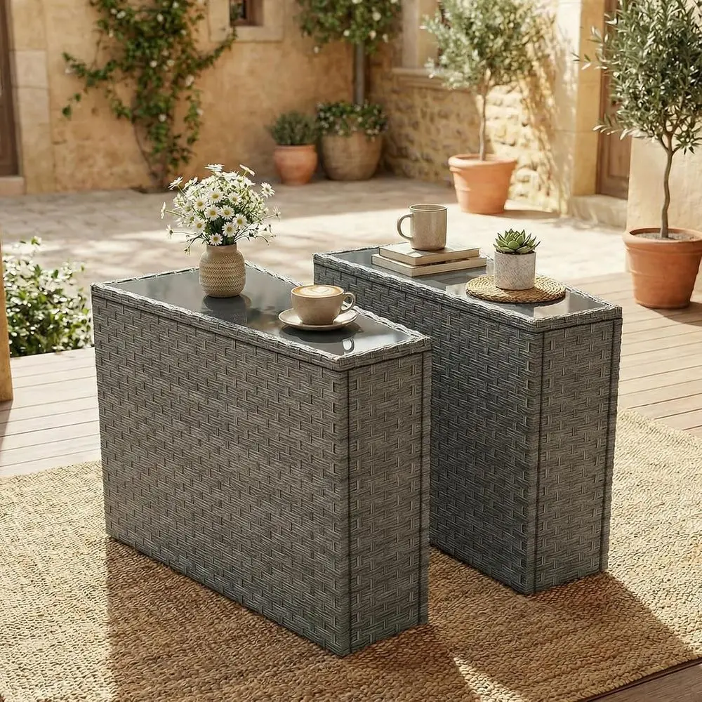2-Pack Patio Wicker Wedge End Tables with Tempered Glass Top | PE Rattan Side Tables, Adjustable oot Leveler, Curved Couch Armre