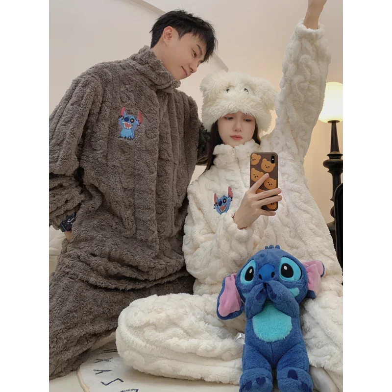 Cartoon Disney couple pajamas winter loungewear coral fleece cotton two-piece suit men\'s Stitch loungewear women\'s pajamas