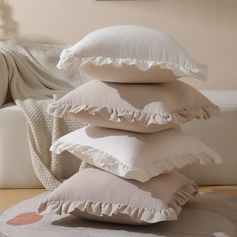 

2Pcs Nordic Solid Color Cushion Covers 45x45cm Ruffled Trim Soft Decorative Pillow Cases for Sofa Living Room Home Decor