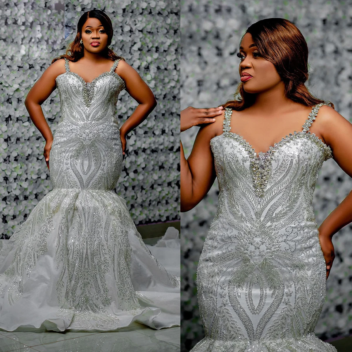 Modern Crystal Wedding Dresses Sequins Mermaid Bridal Gowns Spaghetti Straps Beading Customized Bride Dress Vestidos De Novia