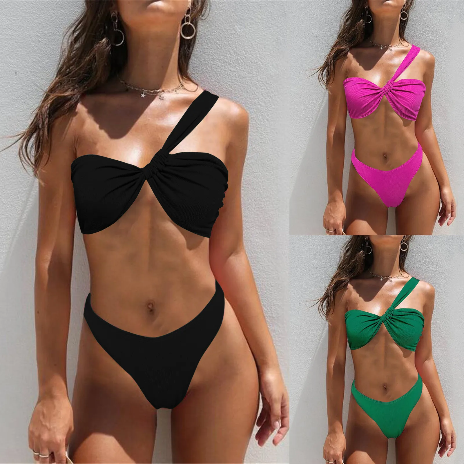 Women Swimsuit Set One Shoulder Sexy Bikini Solid Color Swimsuit Two Piece Set