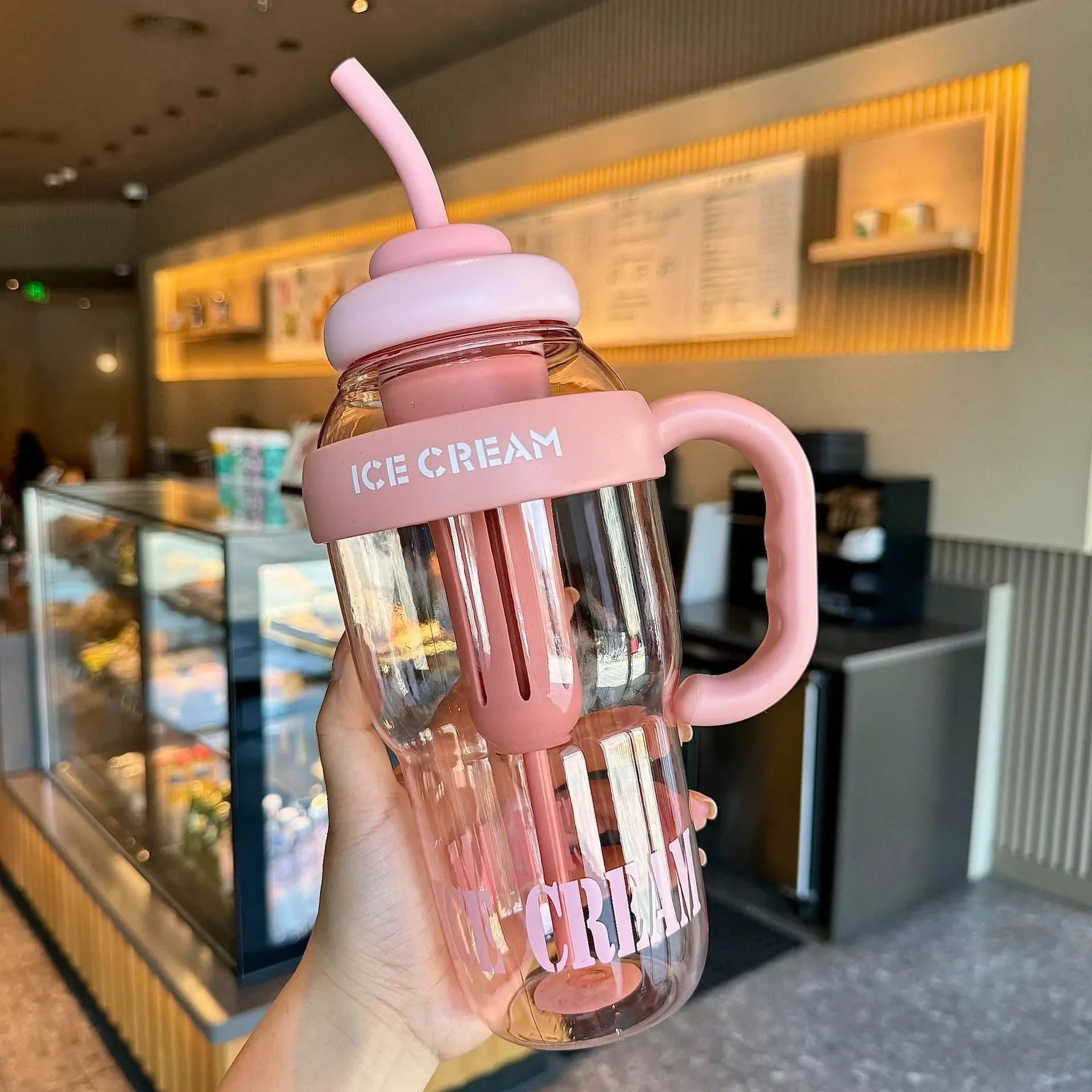 1200ML Big Capacity Summer Plastic Water Cup Milky Tea Cup with Tea Infuser Big Belly Cup Cute Straw Water Bottle with Handle