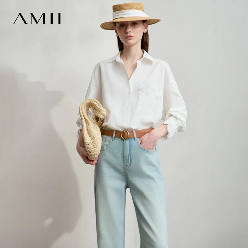 

AMII Minimalism Women's Shirt 2025 Autumn New Loose Casual Lace Long Sleeves Ladies Tops Elegant Solid Women's Clothing 12543100