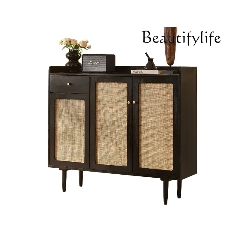 X40 French Medieval Solid Wood Shoe Cabinet Entry Rattan Entrance Decorative Storage Cabinet