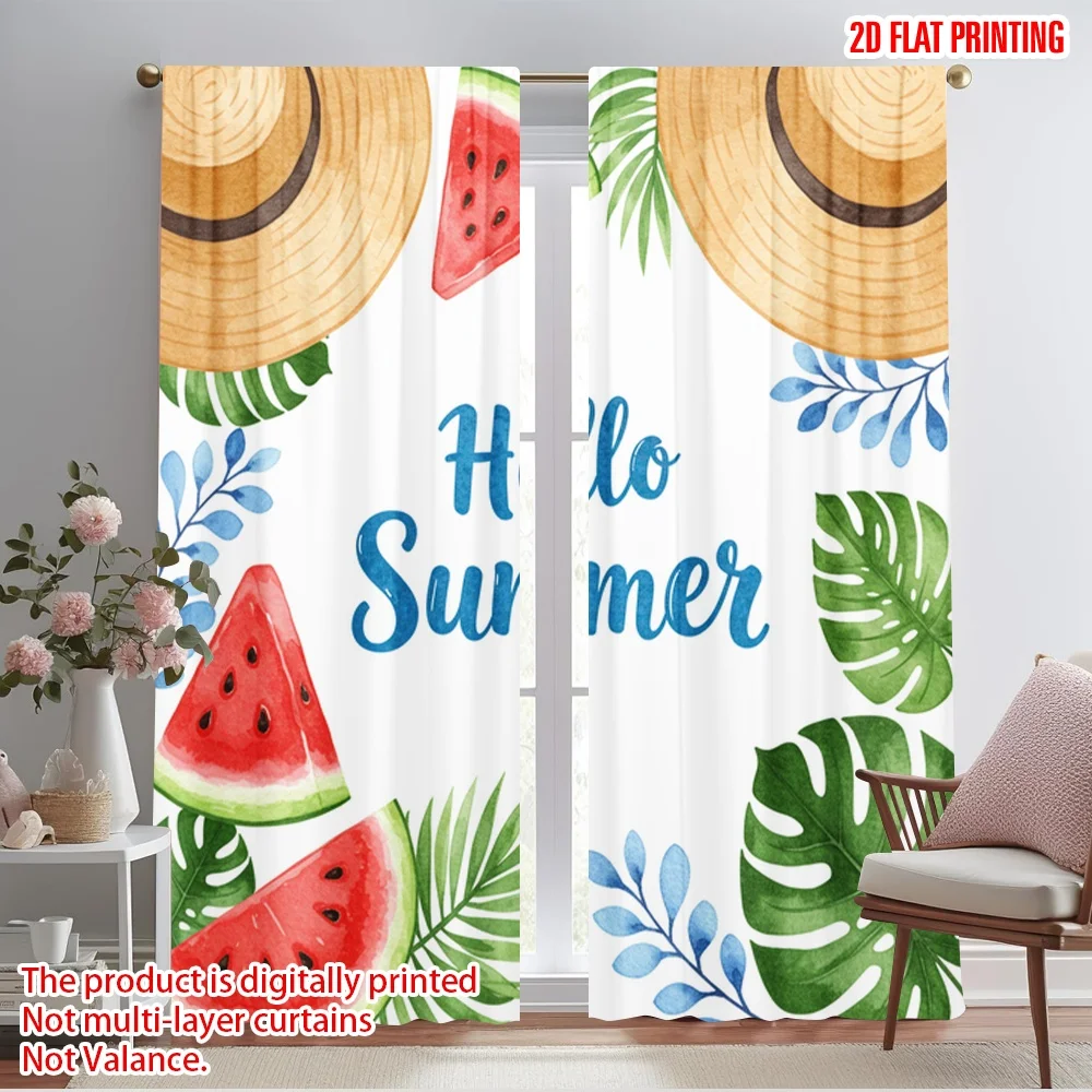 2 uds cortinas de impresión plana 2D Hello Summer sandía rebanada poliéster sin electricidad fiesta de cumpleaños perfecta para vacaciones