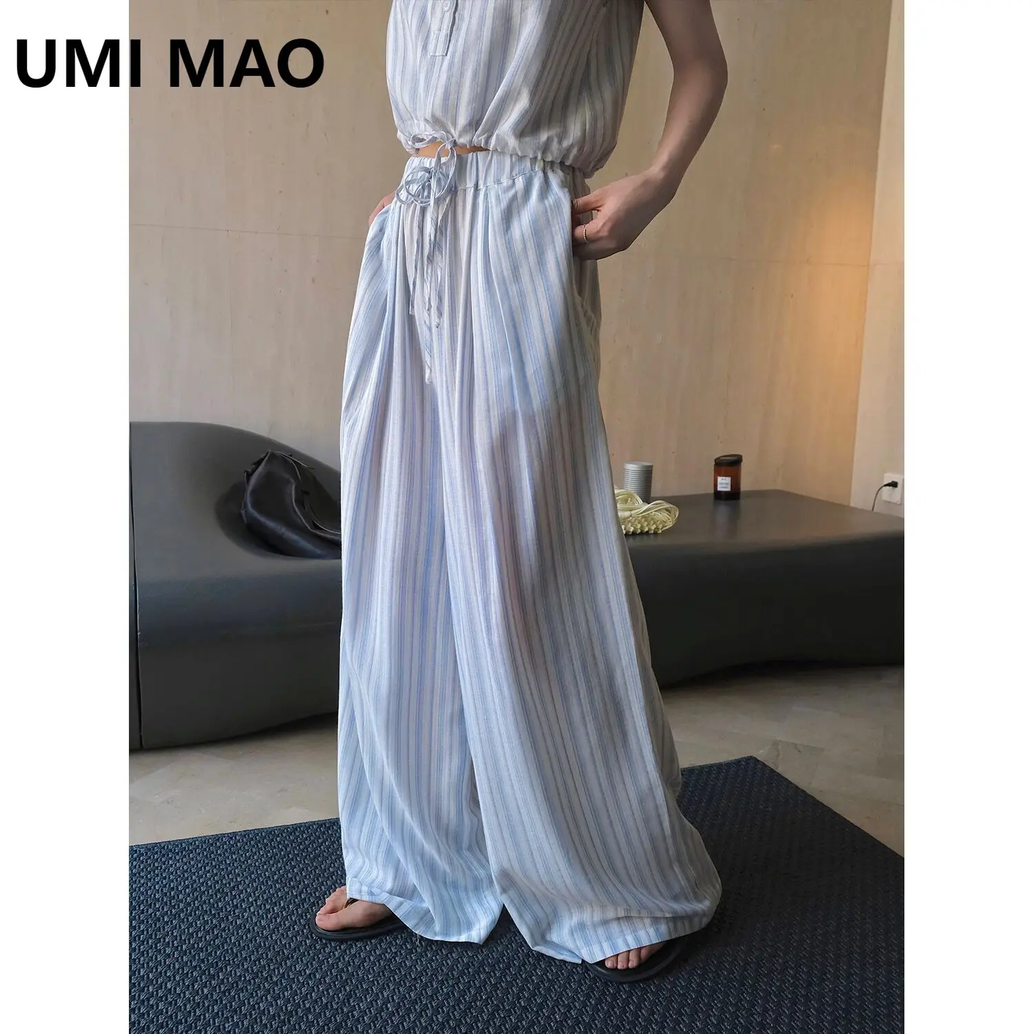 UMI MAO Summer New Korean Version Vacation Refreshing Striped Loose Casual Pants Loose Wide Leg Breathable Pants For Women