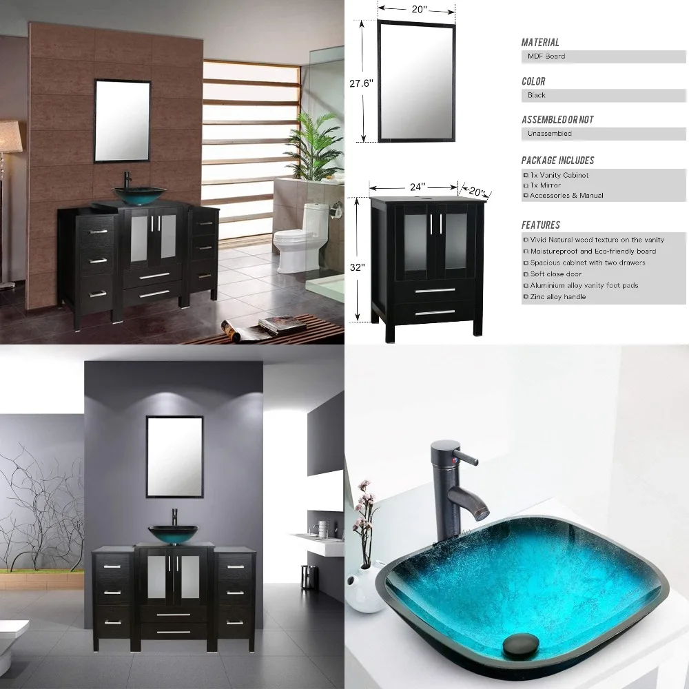 

48in Black Bathroom Vanity Vessel Sink Combo Tempered Glass ORB Faucet Removable Pedestal No Mirror Customized