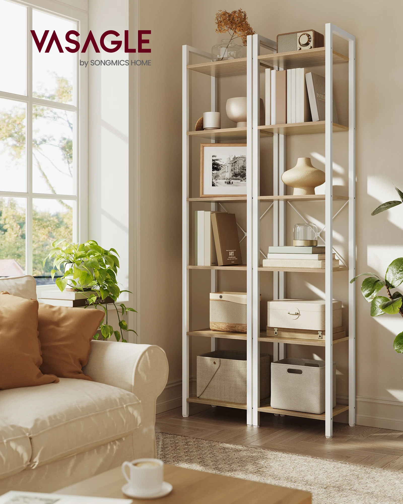 Étagère 6 Niveaux, Bibliothèque, pour Bureau, Salon, Chambre, 30 x 40 x 187,5 cm, Style Industriel, Beige Naturel et Blanc Mat