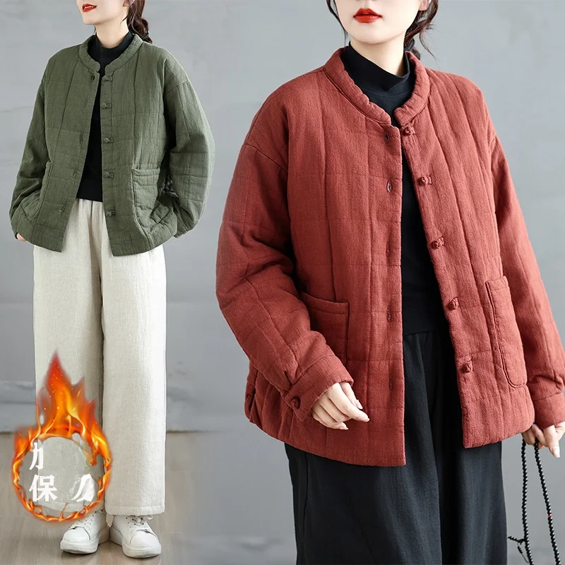 

Легкое хлопково-льняное стеганое клетчатое женское зимнее пальто в стиле ретро, художественное национальное пальто Jaet, шелковое или хлопковое пальто