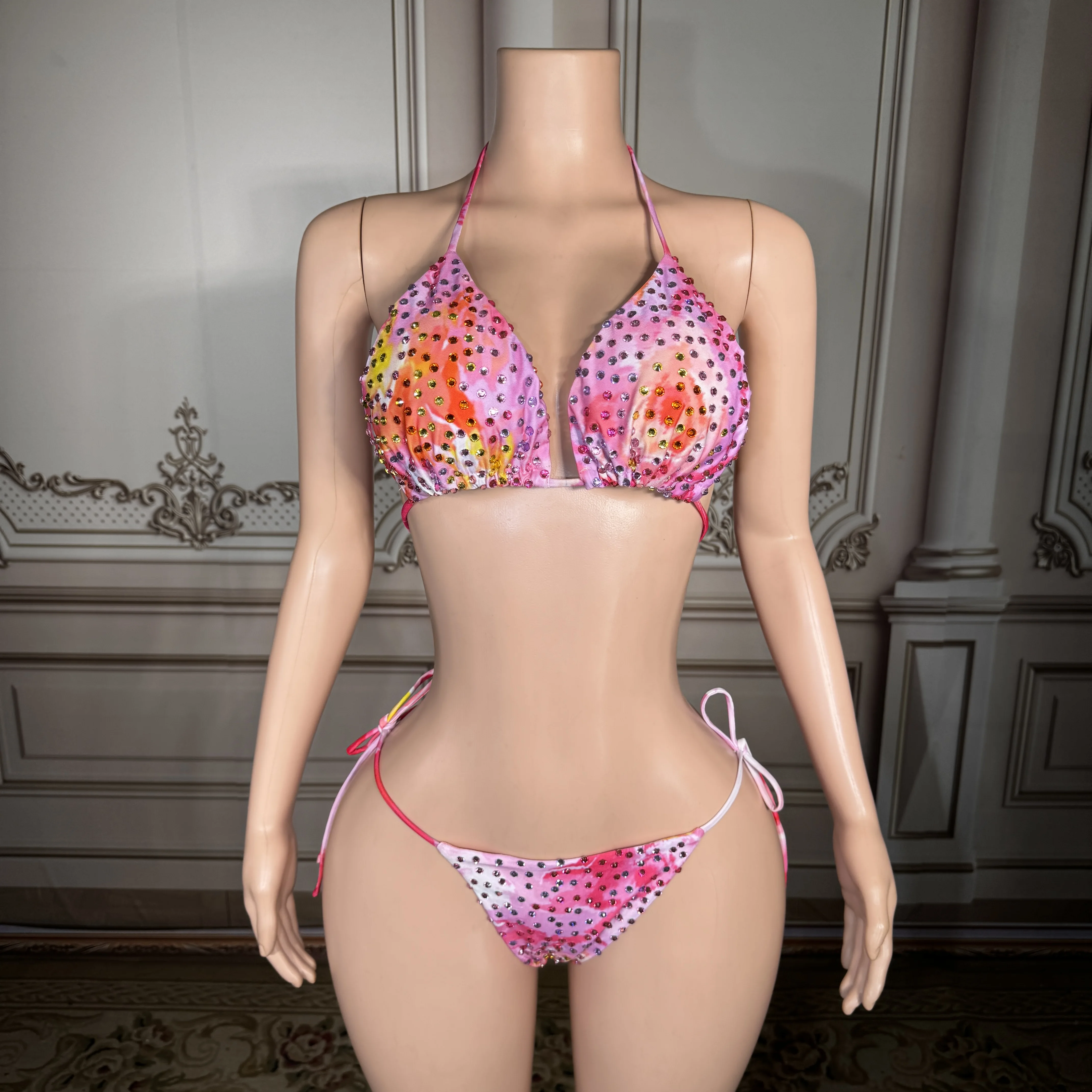 ZD Summer Essential Pink Floral Rhinestone Bikini Women Sexy Halter Triangle Top Beachwear Vacation