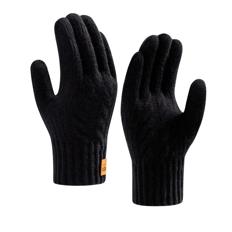 1 pair of men's gloves, black one size fits all knit touch screen, thick elastic all finger warmth, alpaca wool, autumn and wint