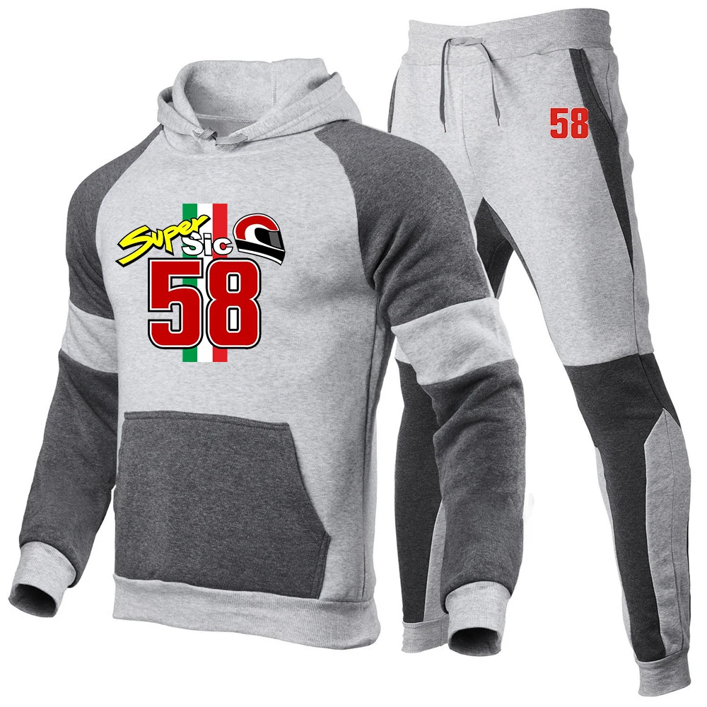 2024 New Spring and Autumn Men Marco Simoncelli Super Sic 58 Casual Joggers Hooded Sportswear Jackets Tricolor Splice Tops Sets