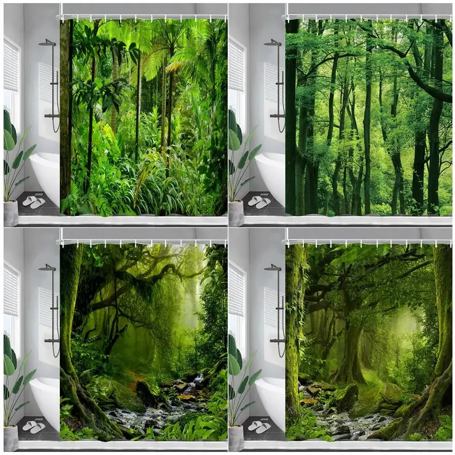 Nature Forest Landscape Shower Curtains Green Plants Trees Rainforest Scenery Garden Wall Hanging Home Bathroom Decor with Hooks