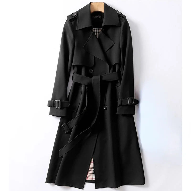 Trench Coats longo com gola V feminino com cinto, jaqueta à prova de vento, trespassado duplo, moda outono, street wear, tamanho S-XL, Dropshipping,