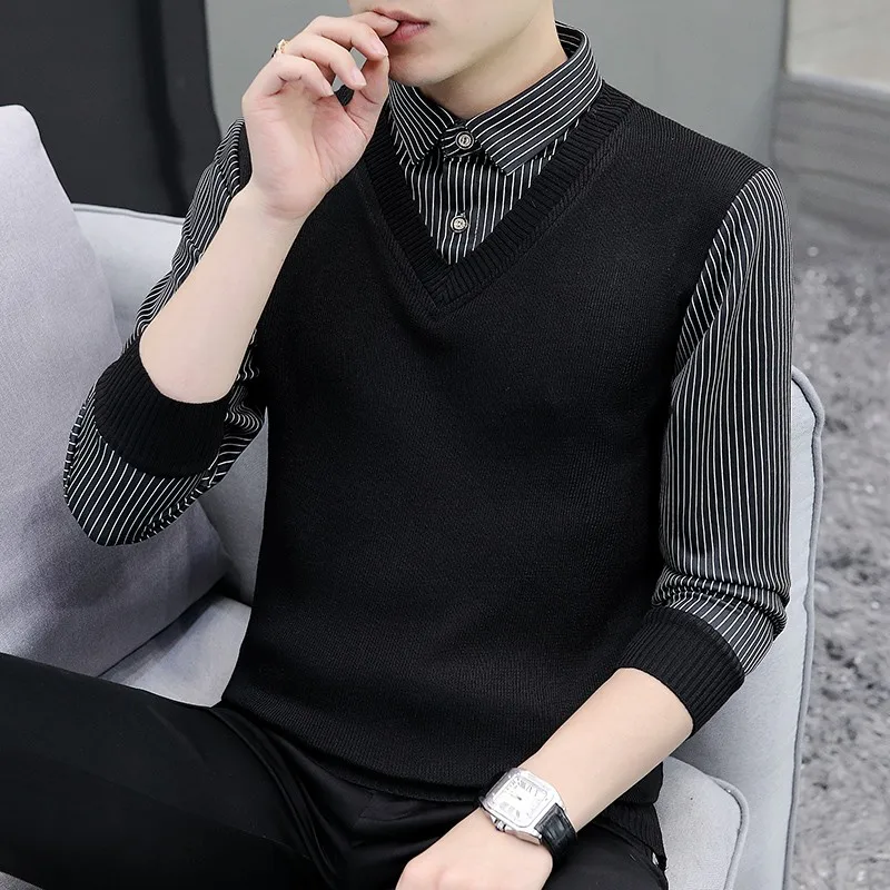 

Men's Slim Fit Knitted Sweater irt Collar Fake Two-Piece Autumn New Sle Korean Faion Trend Inner Wear Base irt Stripes