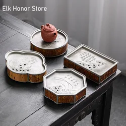 Ancient Mottled Bamboo Tin Pot Holder Tray Chinese Dry Tea Tray Kung Fu Tea Set Water Pot Tray Water Storage Base Tea Furniture