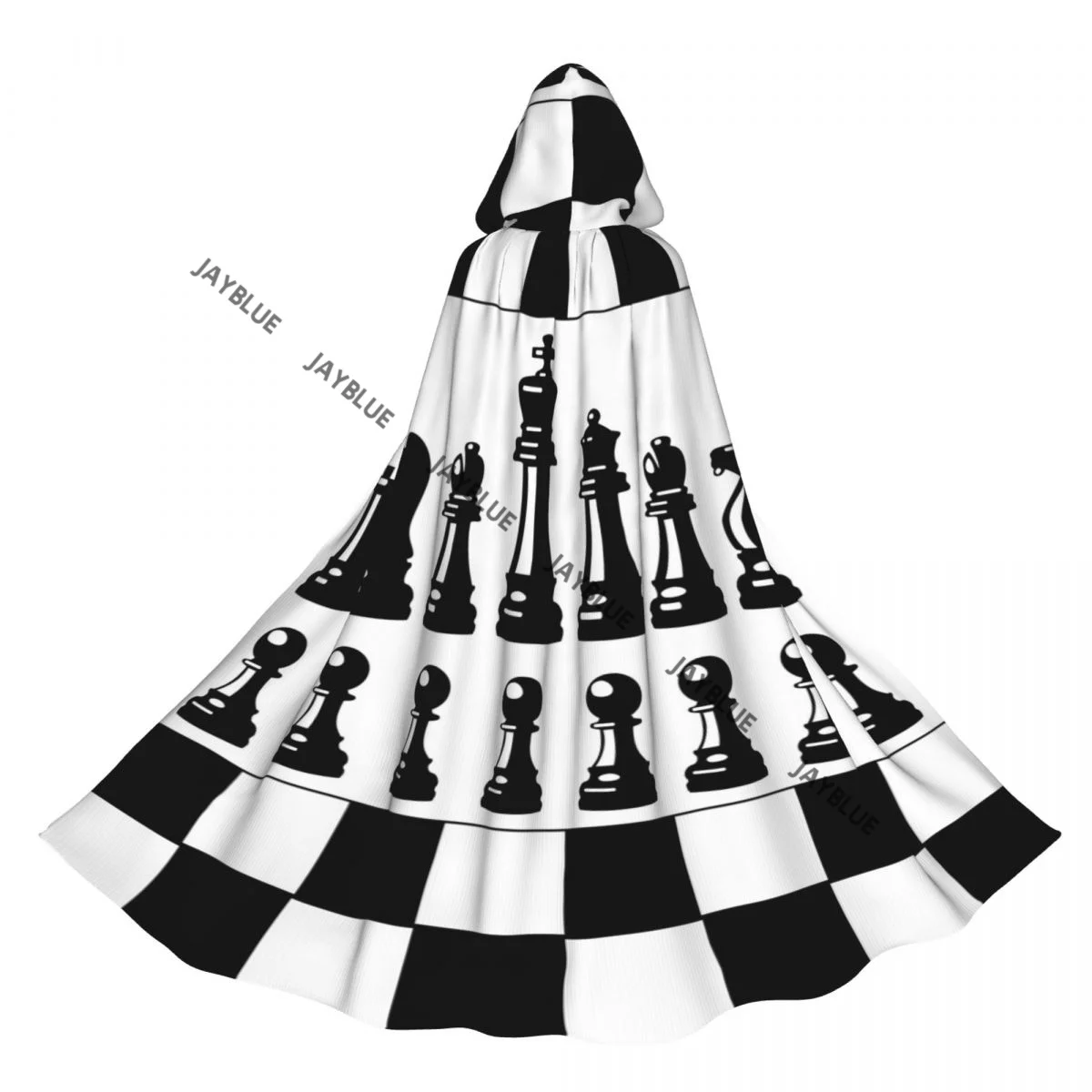 Black And White Chess Pieces Hooded Cloak Polyester Unisex Witch Cape Costume Accessory