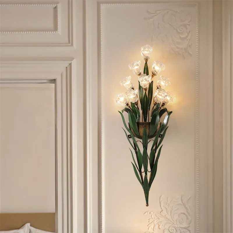 American Pastoral Style Wall Lamps Artistic Flowers Glass LED Wall Sconces Living Room Study Corridor Embellish Lighting Fixture