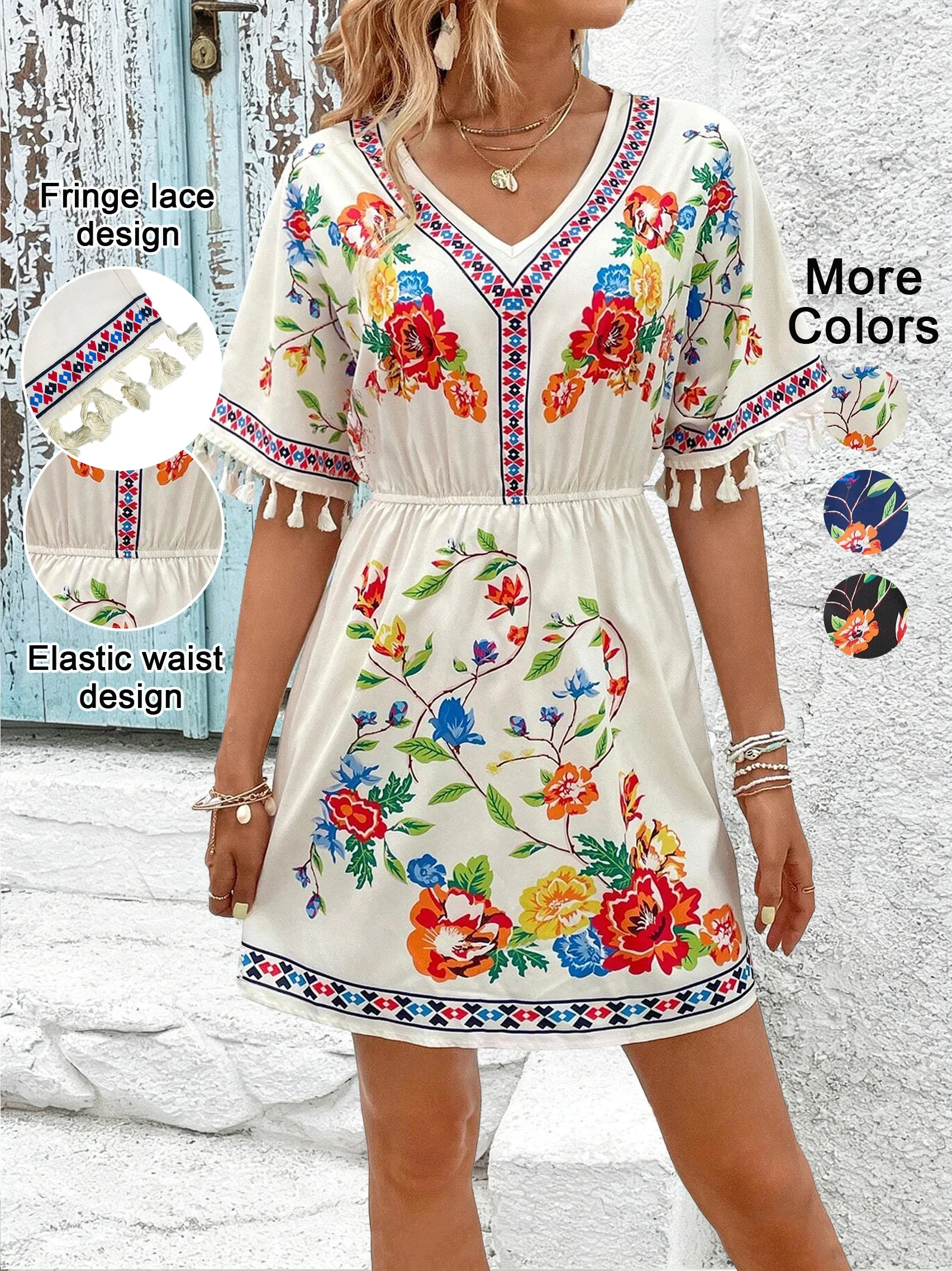 Sommerkleid mit Blumenmuster und Fransenärmeln, Ethnisches Vintage-Kleid mit V-Ausschnitt und Kurzen Ärmeln, Tailliertes Design, Lässige Urlaubskleidung