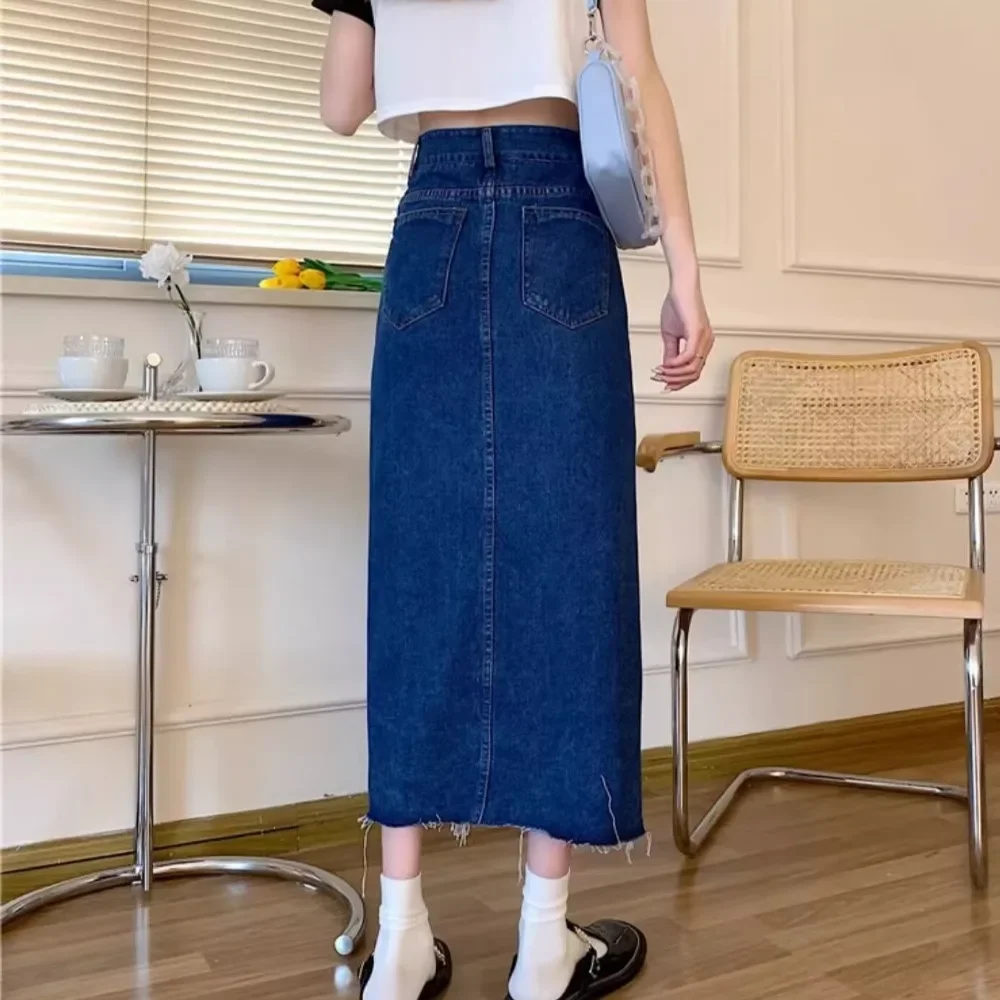 Women's Skirts Denim Raw Edge Fashion Solid Side-slit Temperament Package Hips Korean Style Elegant College Commuting Simple Fit