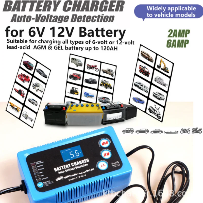 6V 12V Smart Car Motorcycle Battery Charger Full Automatic 2A 6A Lead-Acid AGM GEL Dry Batteries Power Charging Tool 6 V 12 Volt