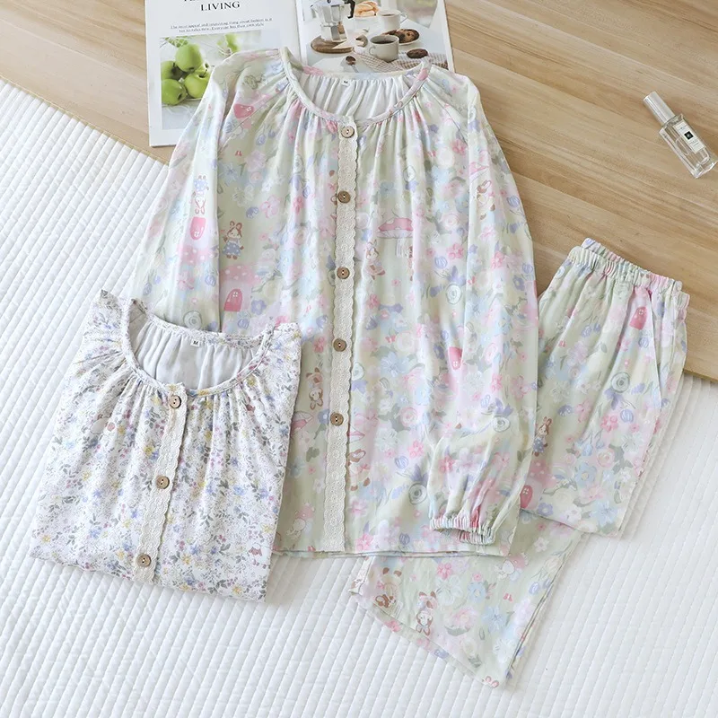2027 New Spring and Autumn Women's Pajama Set Light Soft Bamboo Fiber Long Sleeve Pants Cute Round Neck Two Piece Set Girl