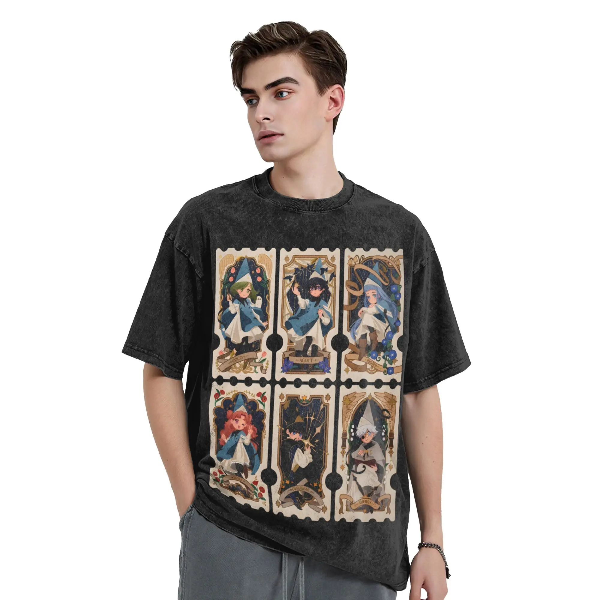 Witch Hat Atelier Characters Vintage Tarot Frame Washed T Shirt Streetwear T-Shirt Tees for Men Women 100% Cotton Oversize