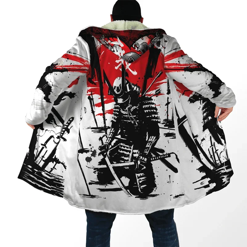 

Fashionable winter hooded cloak samurai ghost mask tattoo 3D printed fleece trench coat unisex casual thick warm hooded cloak