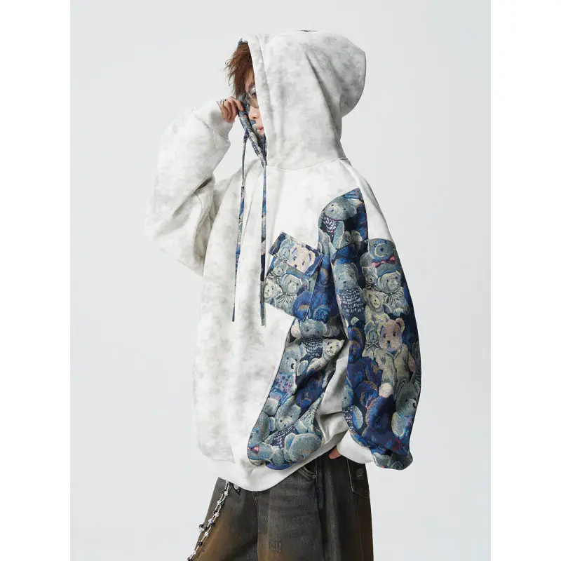 

2026 New Retro Floral Print Men's Hoodie Tie Dye Patchwork Contrast Sleeve Oversized Streetwear Hooded Sweatshirt