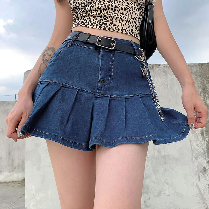 Women Fashion High Waist Pleated Ruffle Denim Skirt School Uniforms A-line Mini Skirt with Lining Shorts for Teen Girls Y2K