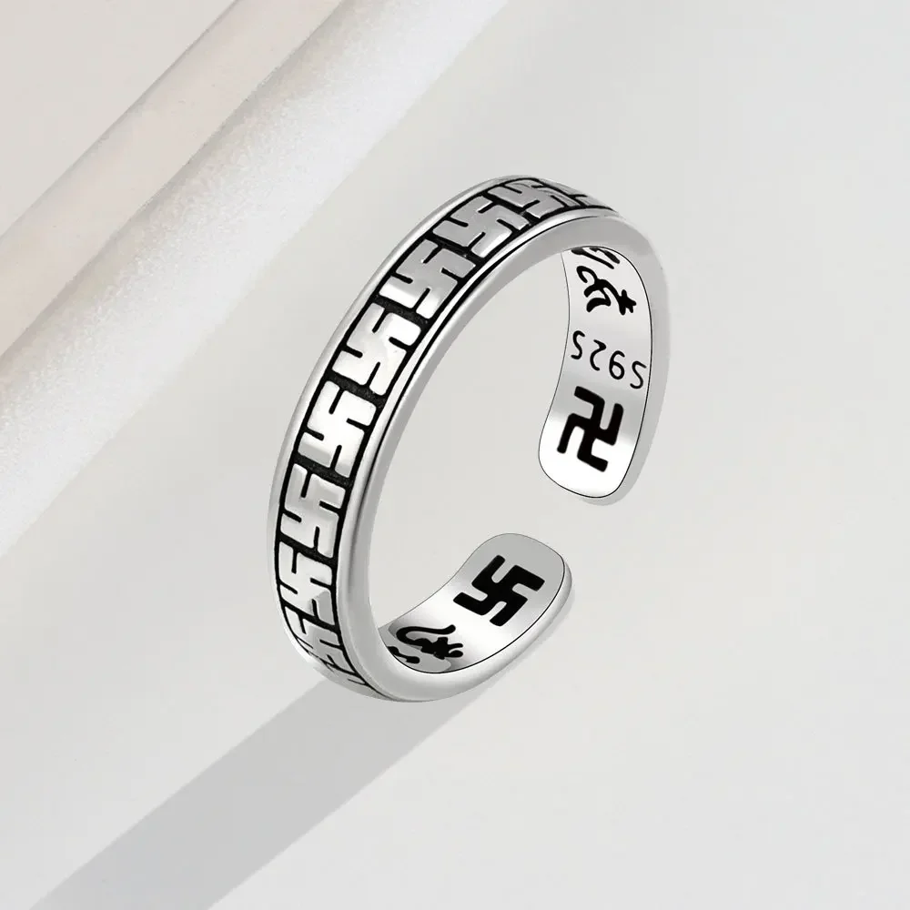 Retro Ethnic Buddhist Symbol Six-character Mantra Adjustable Ring for Men and Women Alternative Religious Jewelry