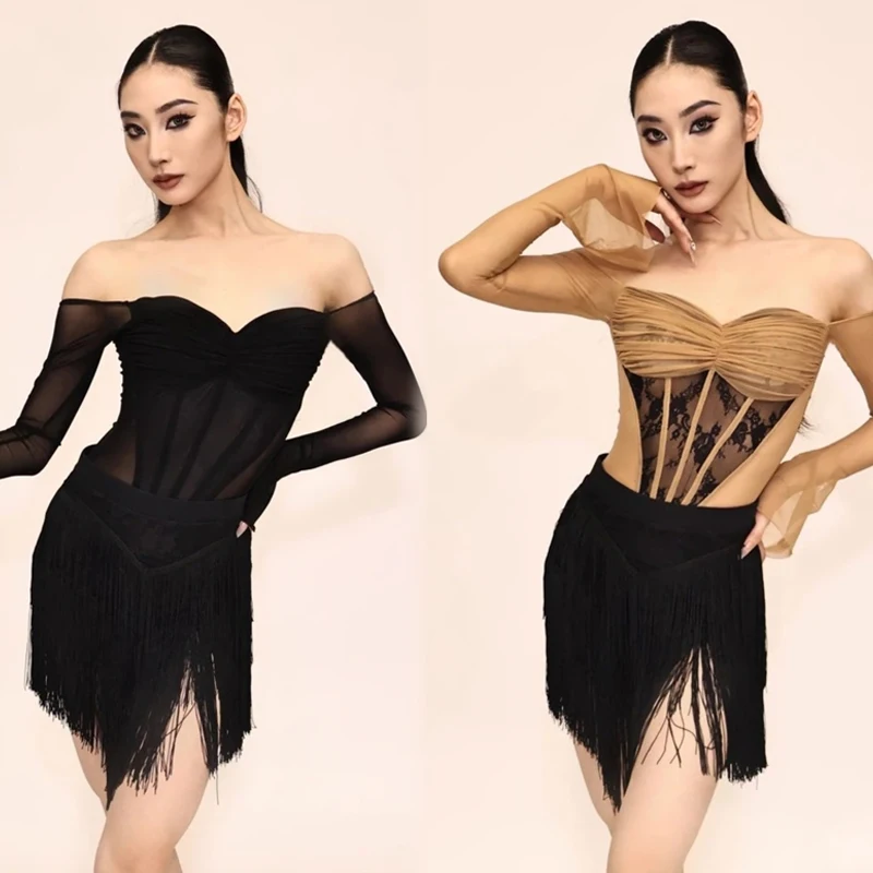 

Fashion Latin Dance Practice Clothes Women Latin Dance Costumes Adults Long Sleeves Latin Top Fringed Skirts Suits SL15650