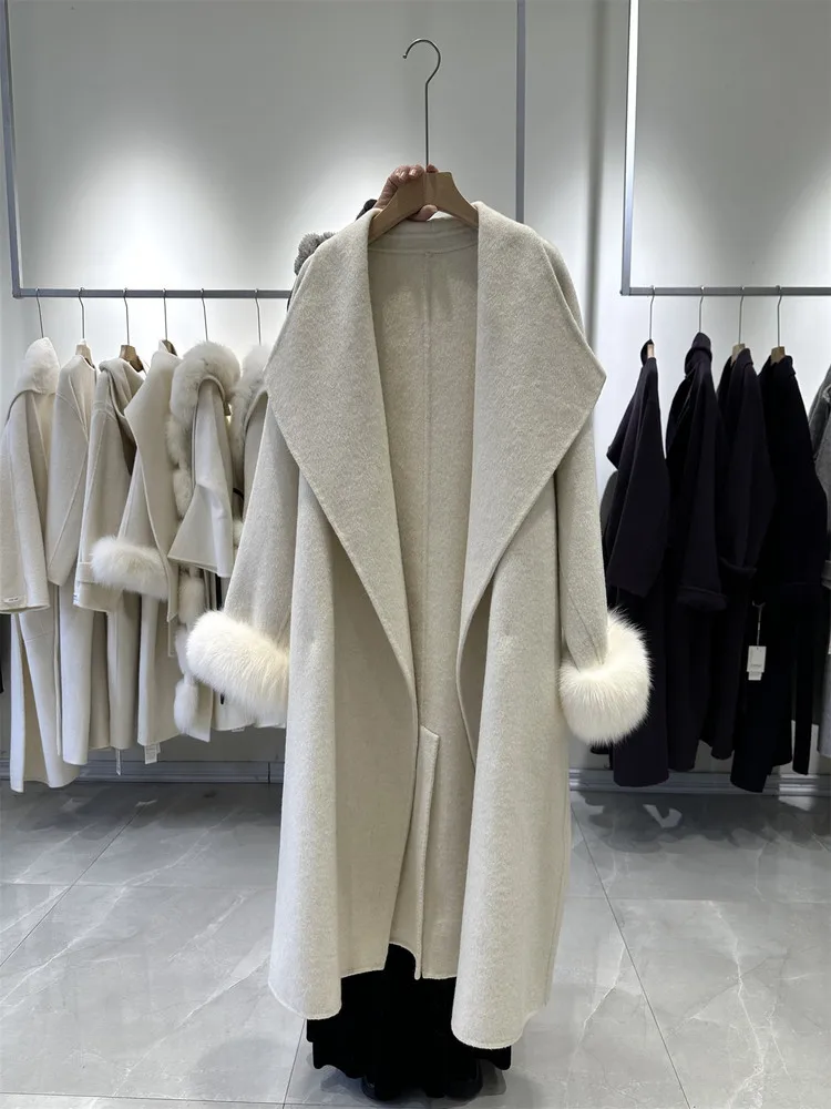 Luxury Autumn Winter Wide Lapel Double Face Wool Coat Women Long Fox Fur Cuff Classic Elegant Woolen Outerwear Ladies Warm Coat