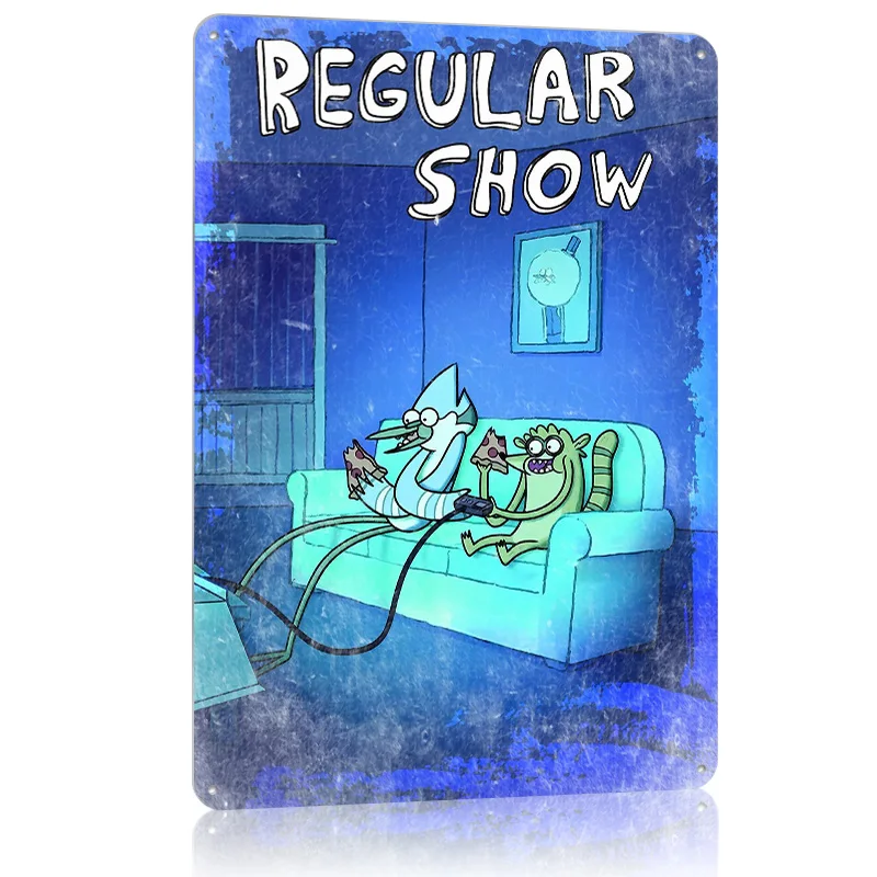 العرض العادي: ملصق معدني من Mordecai and Rigby Gaming Tin Sign علامات معدنية قابلة للتخصيص لتزيين الحائط الفني وديكور المكتب القديم