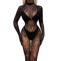 Womens See-Through Leopard Bodystockings Bodysuit Mock Neck Full Body Pantyhose Jumpsuit Sexy Lingerie for Nightclub Party