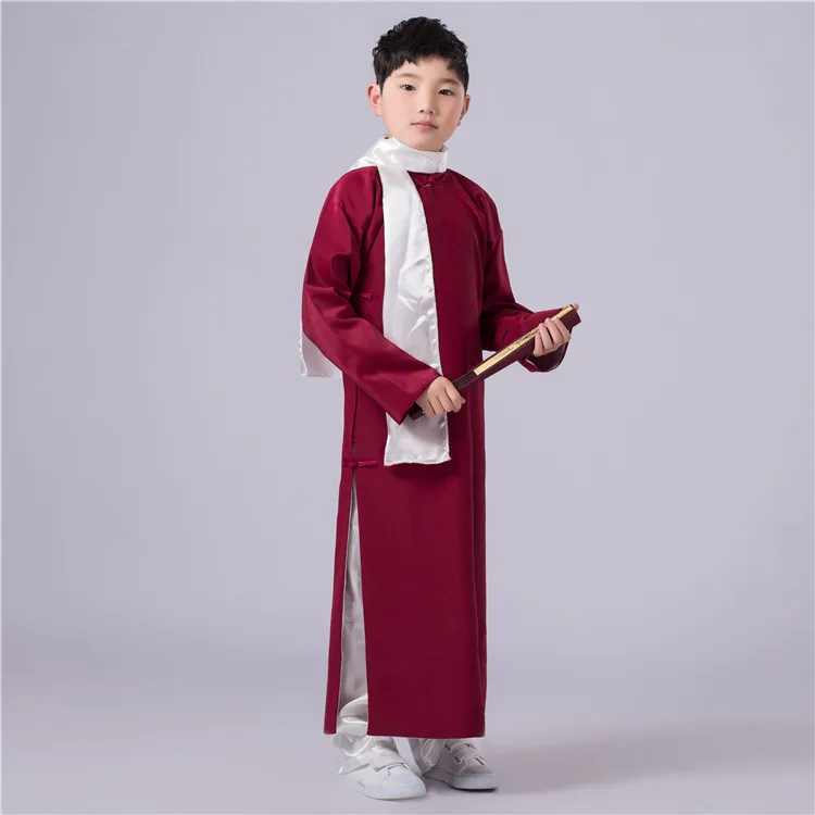 Chinês antigo mandarim vestido longo para meninos, traje de palco para meninos, cross talk roupas, quarto maio juventude robe