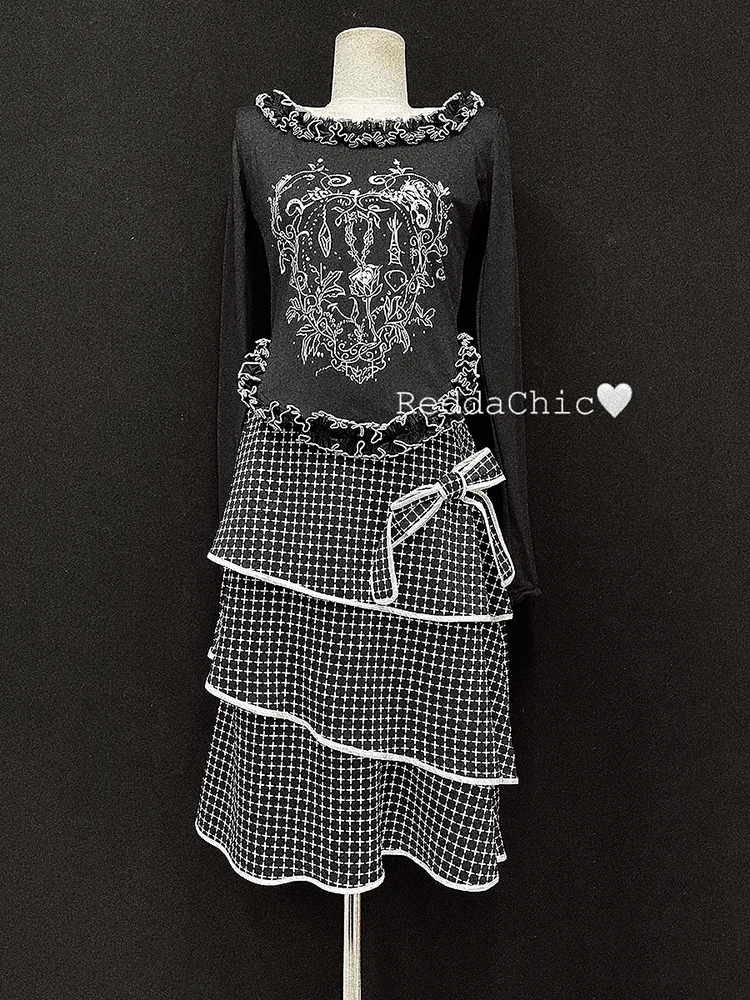REDDACHiC Color Block Ribbon Cake Skirt All Over Print Cross Elastic Waist Layered Ruffle Knee Long Skirt Vintage Women Clothes
